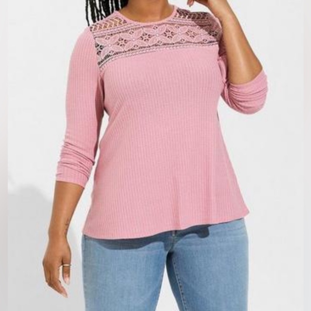 Torrid Pink Waffle Knit Crochet Yoke Long Sleeve Top New w/Tags Size 1X (14-16)